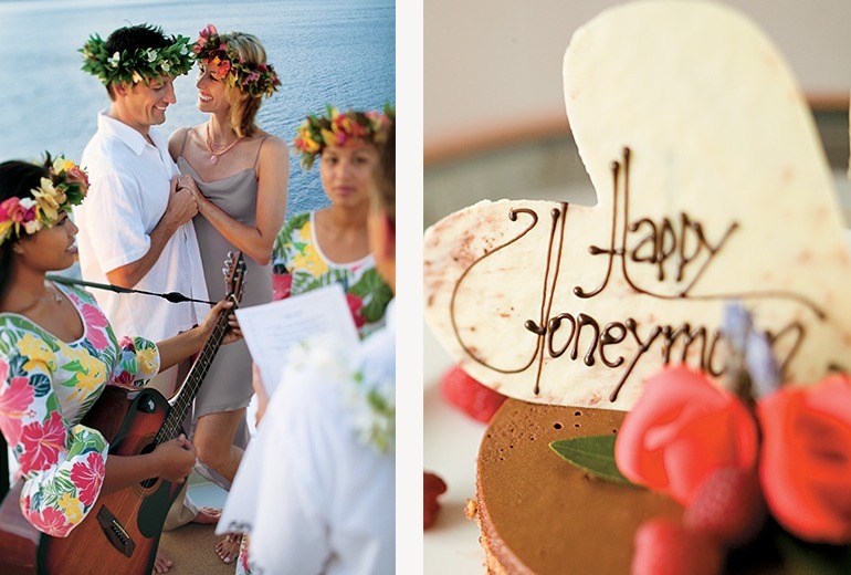 A couple celebrates their marriage with a Polynesian blessing ceremony and a specially prepared chocolate cake.